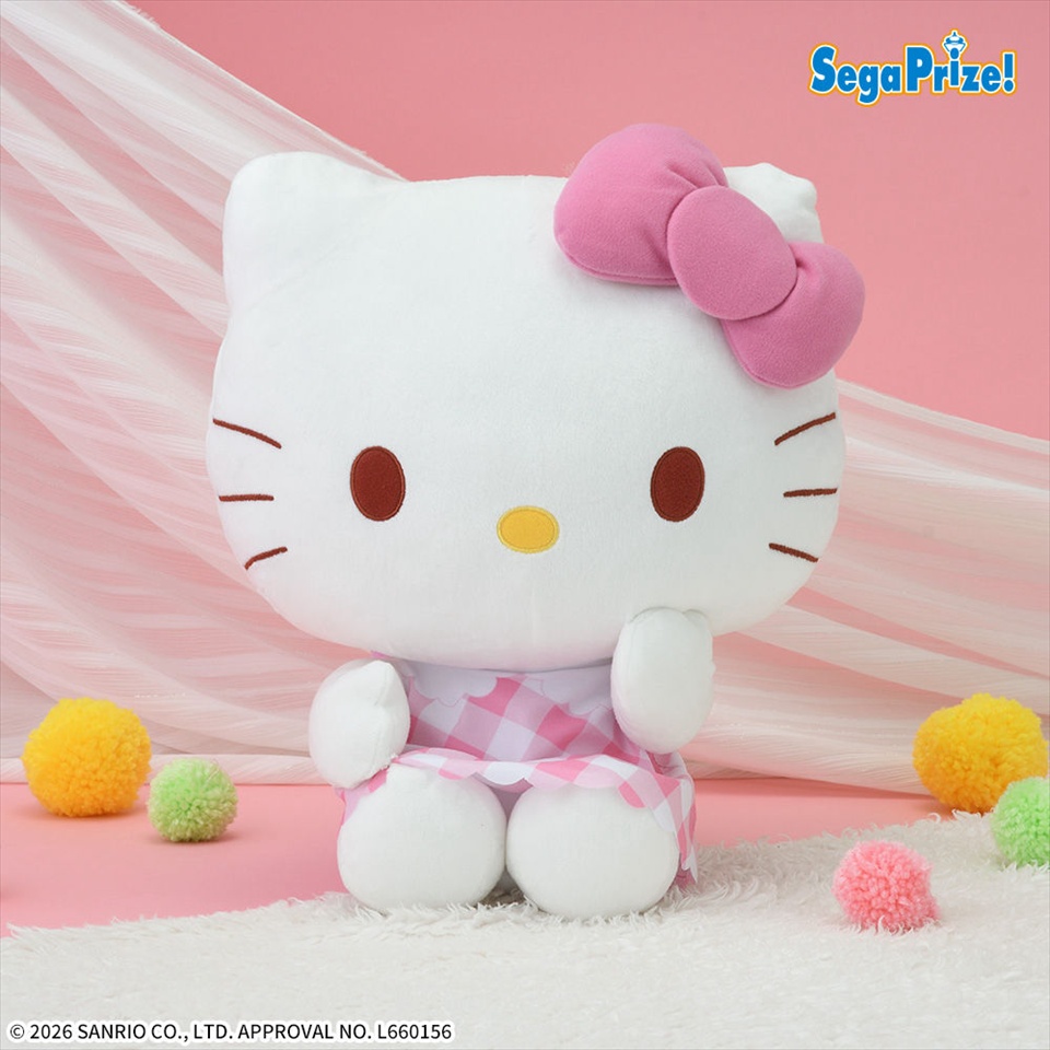 ハローキティ　LLぬいぐるみ　ピンクチェックVer.